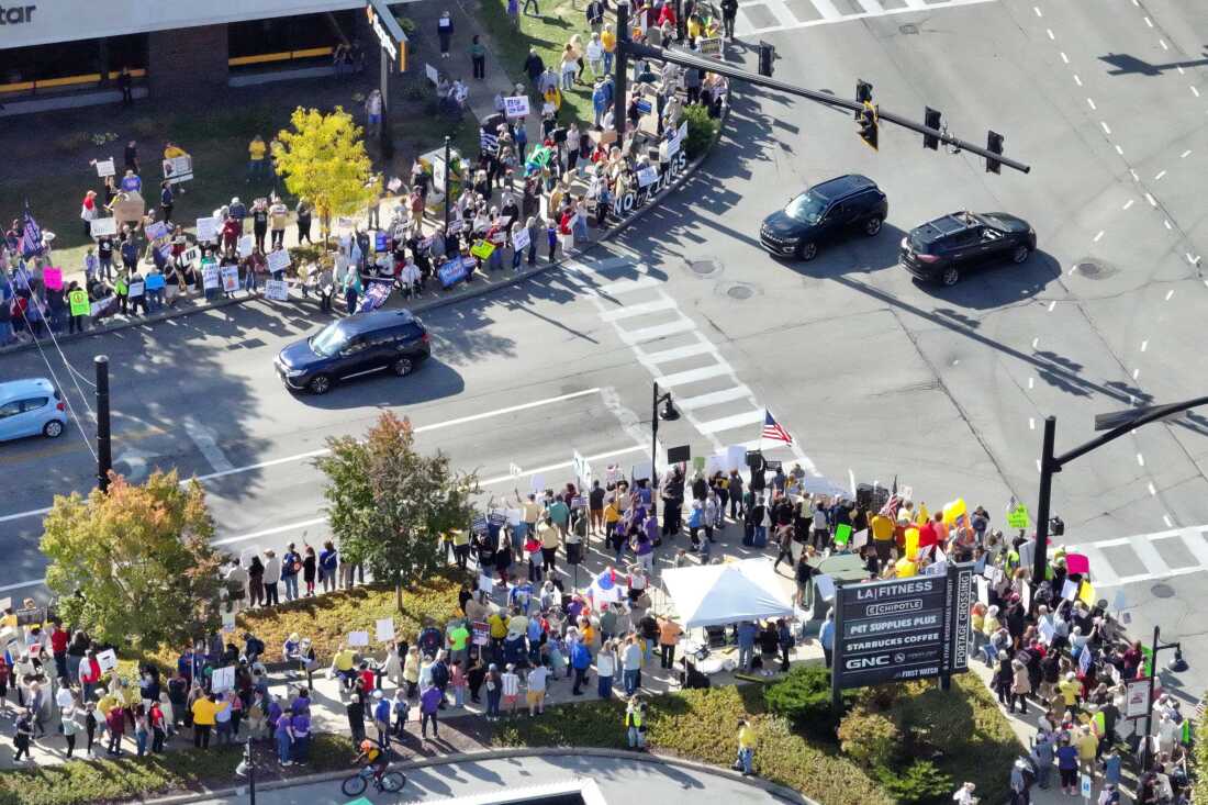 Thousands of participants line the streets in Cuyahoga Falls, Ohio during the No Kings protests.
