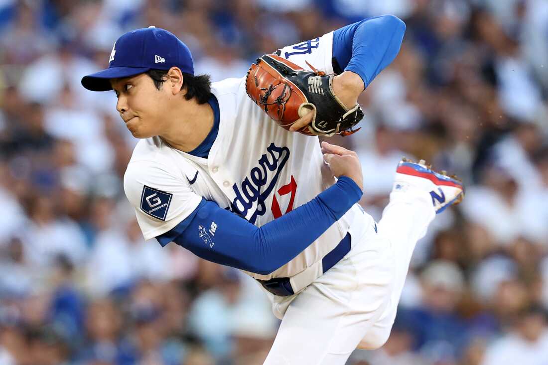 Shohei Ohtani of the Los Angeles Dodgers pitches against the Milwaukee Brewers in game four of the National League Championship Series at Dodger Stadium last Friday. Ohtani had ten strikeouts and hit three home runs in a legendary win.