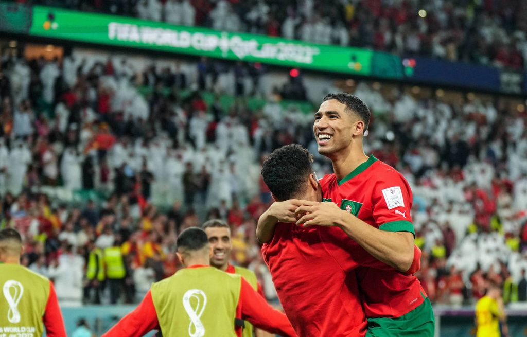 Hakimi celebrating after Morocco's World Cup win over Spain