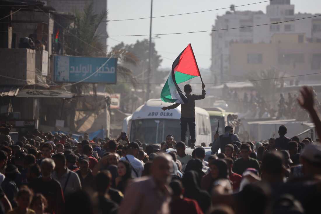 Buses transporting Palestinians freed from Israeli prisons arrive at Nasser hospital in Khan Younis, Gaza Strip.