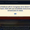 Department of Housing and Urban Development website displaying a banner and popup blaming the 'Radical Left' for the federal shutdown.
