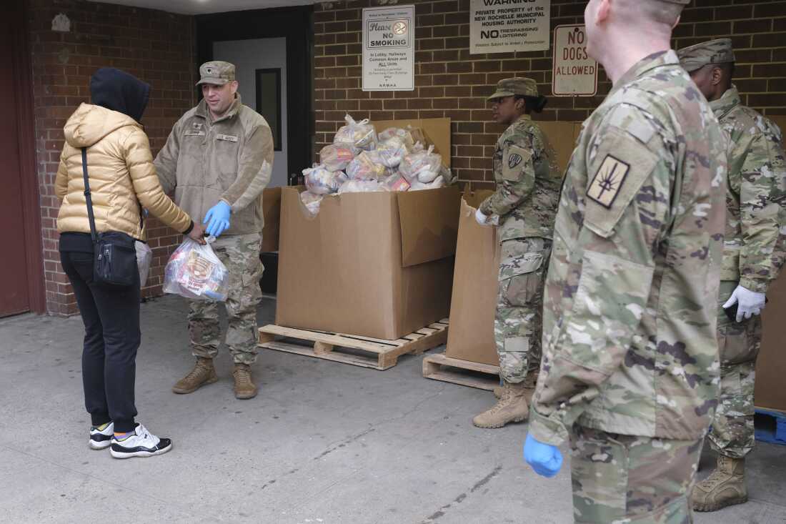 New York National Guard members distributing food in New Rochelle, NY, March 12, 2020