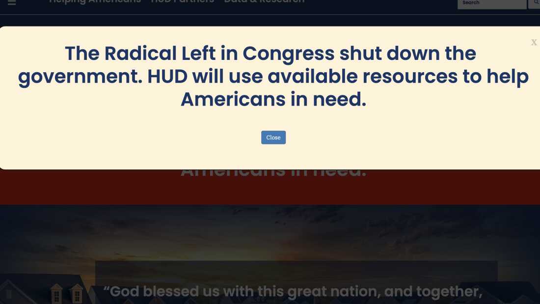 Department of Housing and Urban Development website displaying a banner blaming the 'Radical Left' for the federal shutdown.