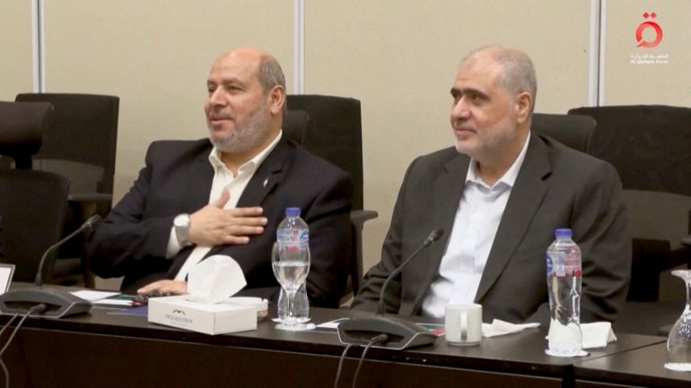 Senior Hamas official Khalil Al-Hayya gestures during a meeting with Egyptian, Qatari, and Turkish delegations ahead of Gaza ceasefire announcement in Sharm El-Sheikh, Egypt, October 8