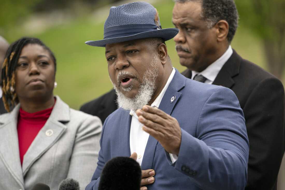 State Rep. Antonio Parkinson, D-Memphis, of the Tennessee Black Caucus of State Legislators responds to questions during a press conference outside the state Capitol, Friday, April 7, 2023, in Nashville, Tenn. the day after two of its members were expelled from the state's House of Representatives.