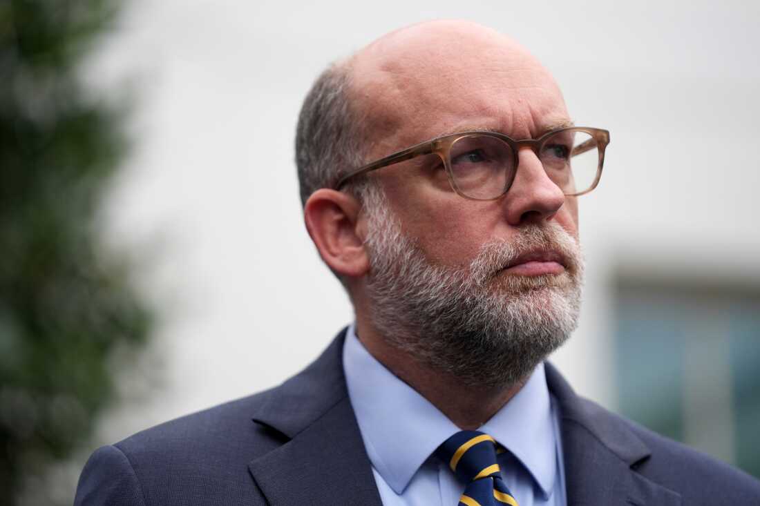 Russell Vought, Office of Management and Budget director, speaking to media outside the White House on Sept. 29.